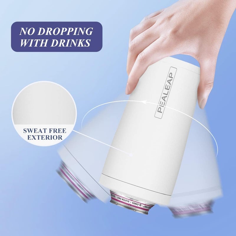 PEALEAP 4 in 1 Insulated Slim Can Cooler for 12 OZ Cans and Beer Bottle - Keep 8 Hours Cold, Easy to Hold - Stainless Steel Can Holder, Double Walled Can Insulator for Hard Seltzer and More (Snow White) - Image 4